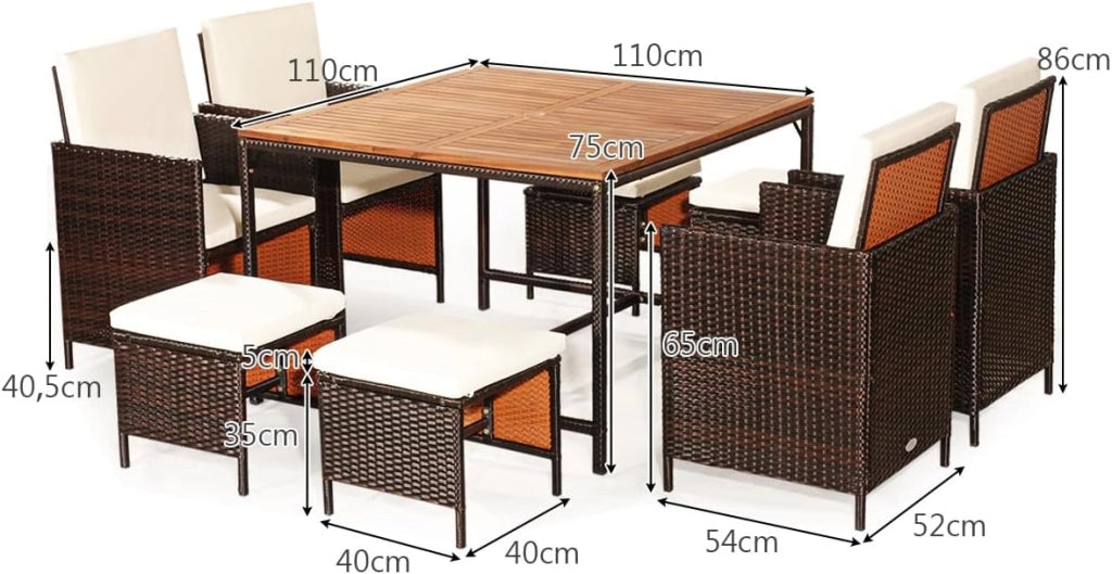 Set di mobili da giardino 8 sedie con tavolo, set da 9 mobili da giardino in rattan, con tavolo da balcone, 4 sedie da pranzo e 4 sgabelli scorrevoli (cuscini beige), KZ03907