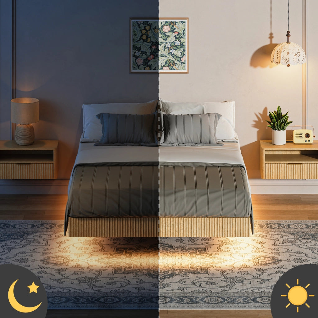 Letto matrimoniale 140 x 200 cm con design sospeso, LED RGB e struttura in metallo rinforzato, colore Naturale