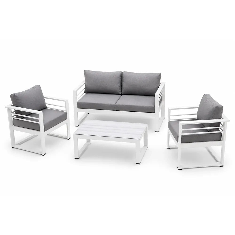 Salottino 2 posti LEROS in alluminio colore bianco tessuto grigio chiaro per spazi aperti con cuscineria sfoderabile.