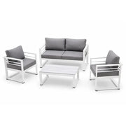 Salottino 2 posti LEROS in alluminio colore bianco tessuto grigio chiaro per spazi aperti con cuscineria sfoderabile.