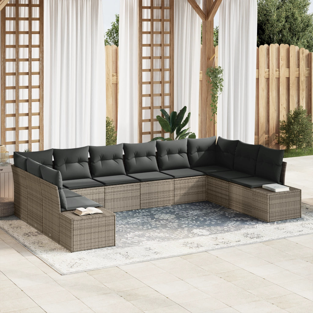 Set di divani da giardino con cuscini grigi in polyrattan da 10 pezzi