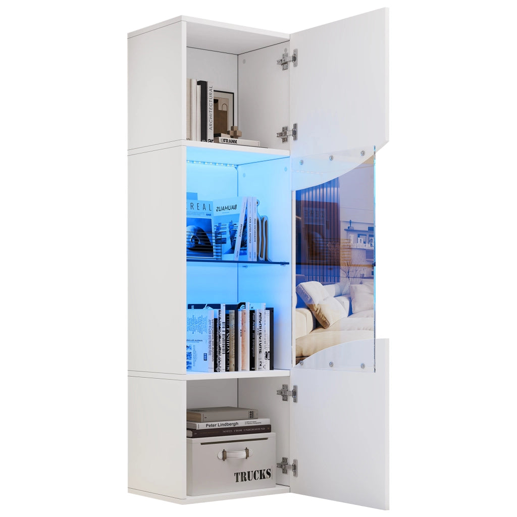 Vetrina alta con 4 ripiani e LED per soggiorno in truciolare e vetro 35×50×165 cm bianco
