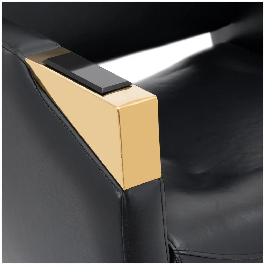 Poltrona professionale per parrucchiere con poggiapiedi portata 200 kg acciaio inox PVC nero e oro 14_0008953