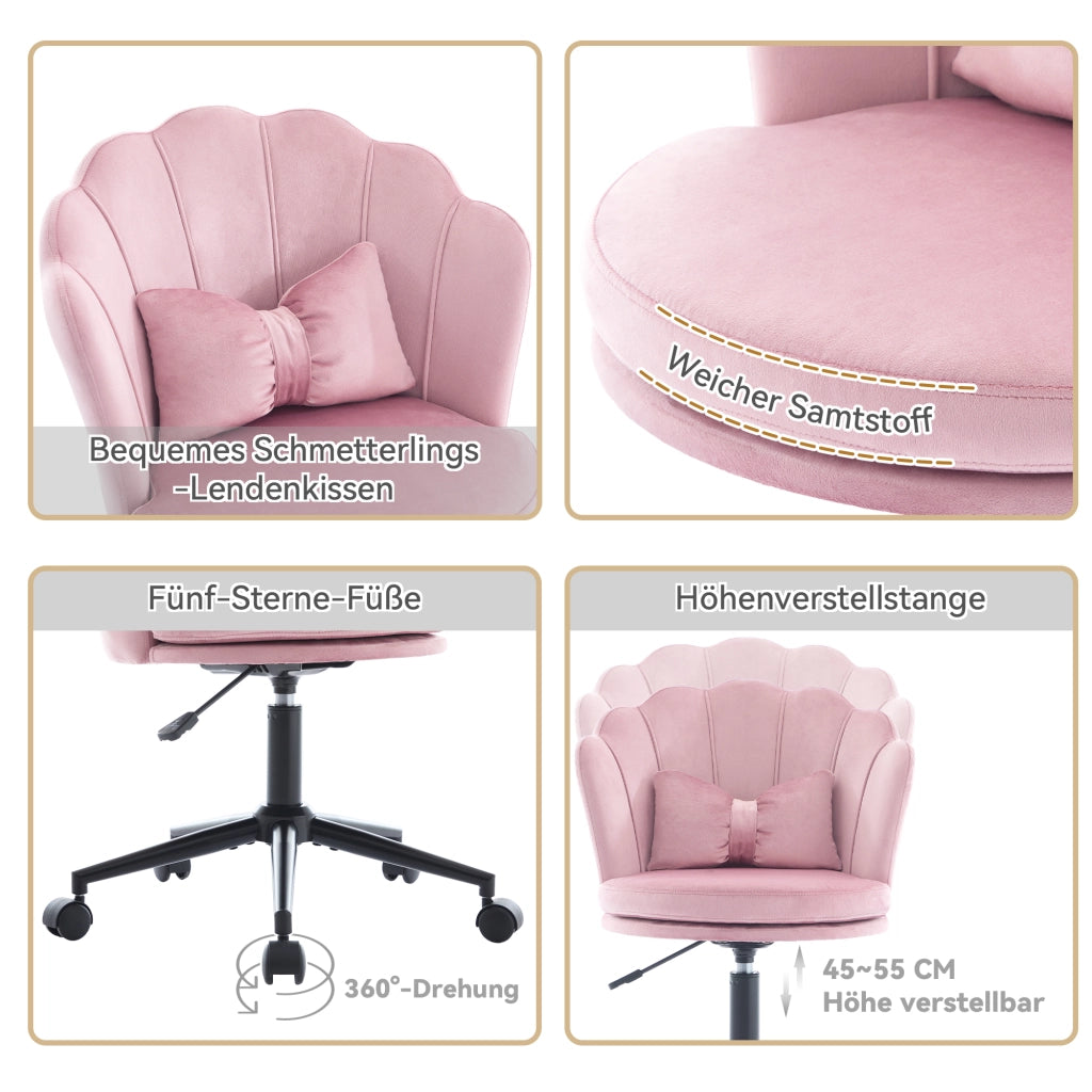 Sedia da ufficio girevole regolabile in altezza con cuscino lombare e seduta imbottita in velluto rosa