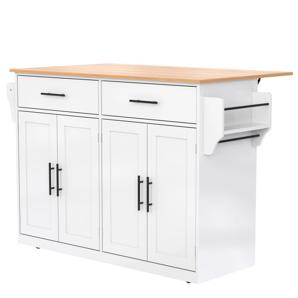Isola da Cucina Mobile 120x46/70x91 cm Bianca con Piano Ribaltabile; 2 Cassetti; Ruote e Gambe in Legno