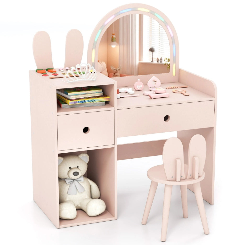 Tavolo da trucco principessa con specchio illuminato e cassetti, Scrivania con specchio e luci per bambini Rosa