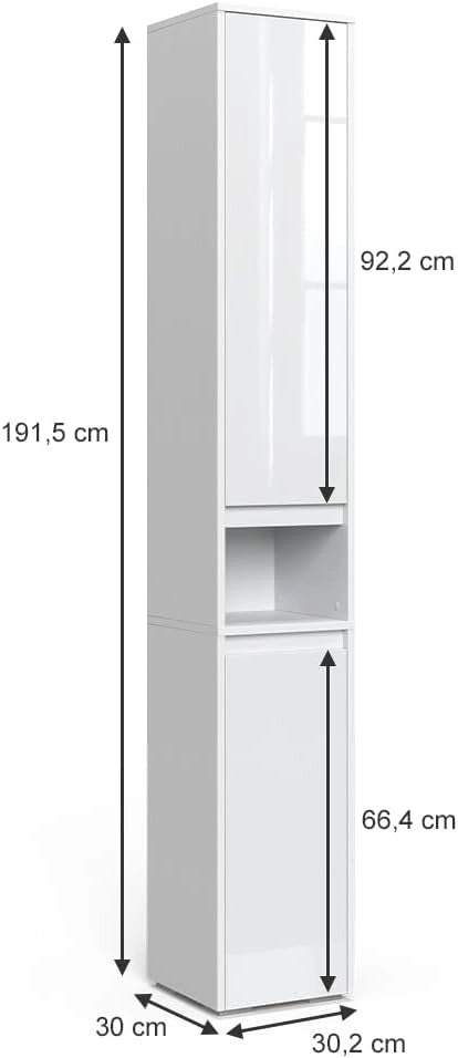 Armadio per il bagno Majest, Bianco lucido, 30.2 x 191.5 cm con ante e vano a giorno, per la conservazione con sei ripiani regolabili
