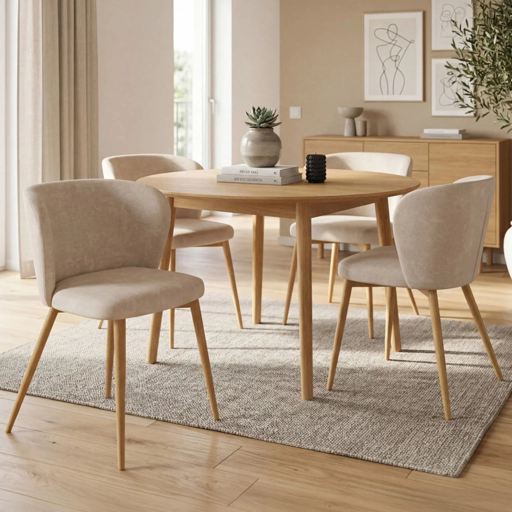 IDMarket - Set di 4 sedie PAULIE in tessuto chenille beige con gambe effetto legno per la sala da pranzo