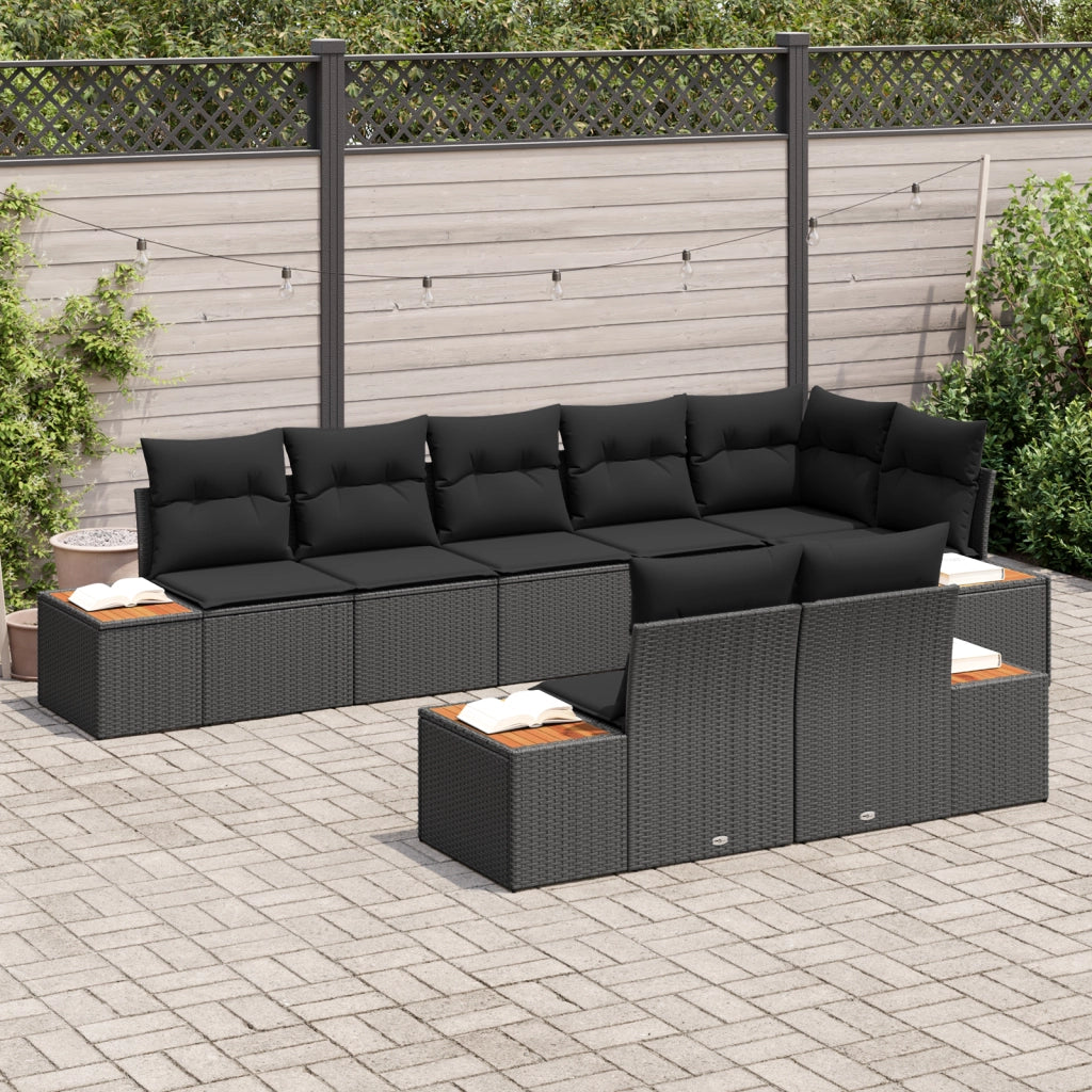 Set da Giardino 8 Pezzi con Cuscini Nero Polyrattan Acacia