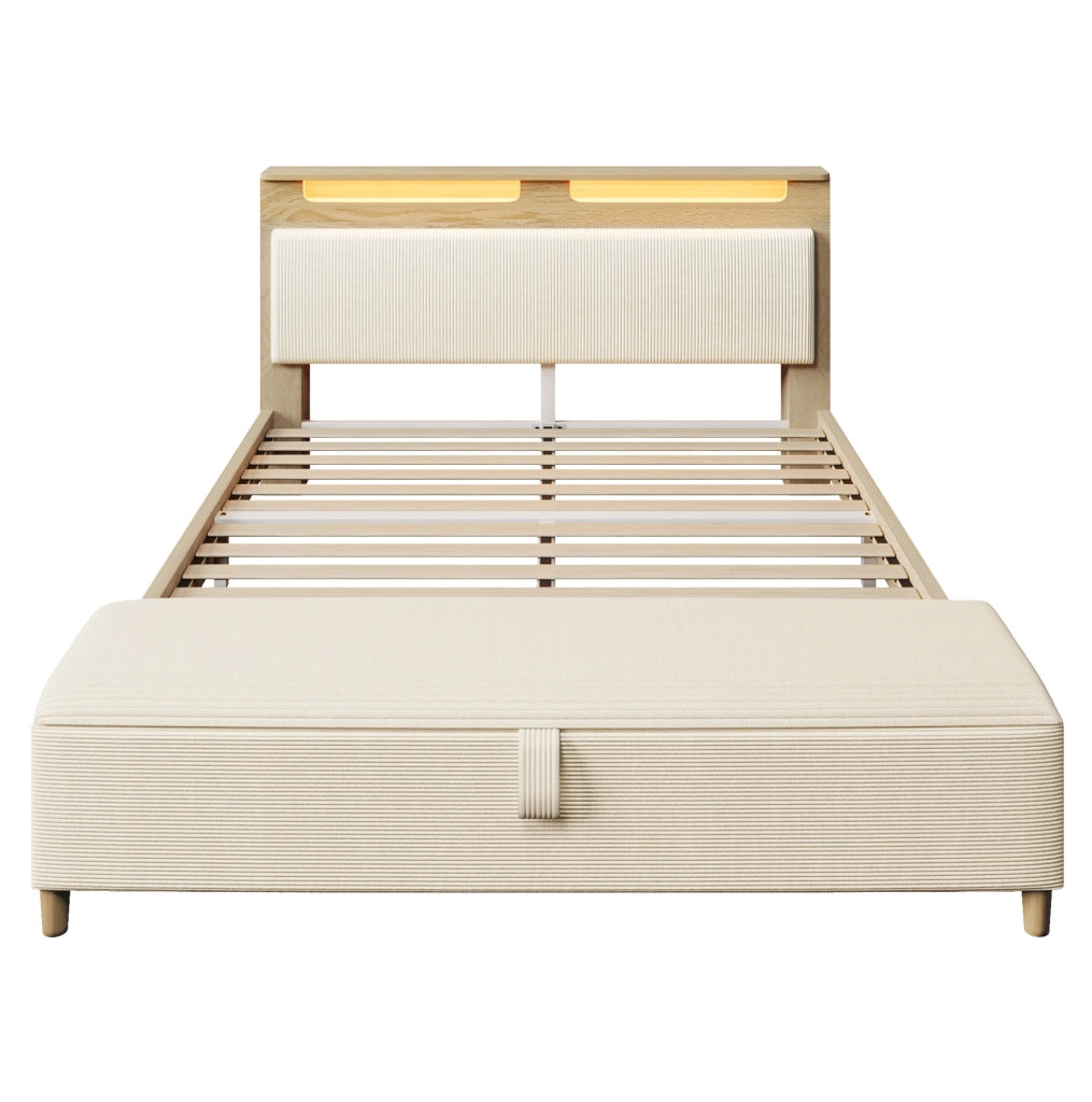 Letto Matrimoniale 140x200 cm con Panchetta, Testiera con Storaggio, LED e Schienale in Velluto a Coste Beige, Rovere Chiaro, Senza Materasso
