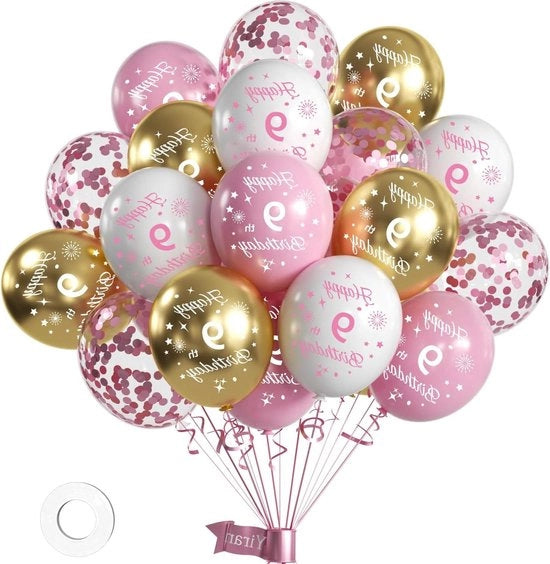 Decorazione di compleanno - Palloni 9 anni ragazze - 16 pezzi - Buon compleanno - Bianco Rosé - 9 anni