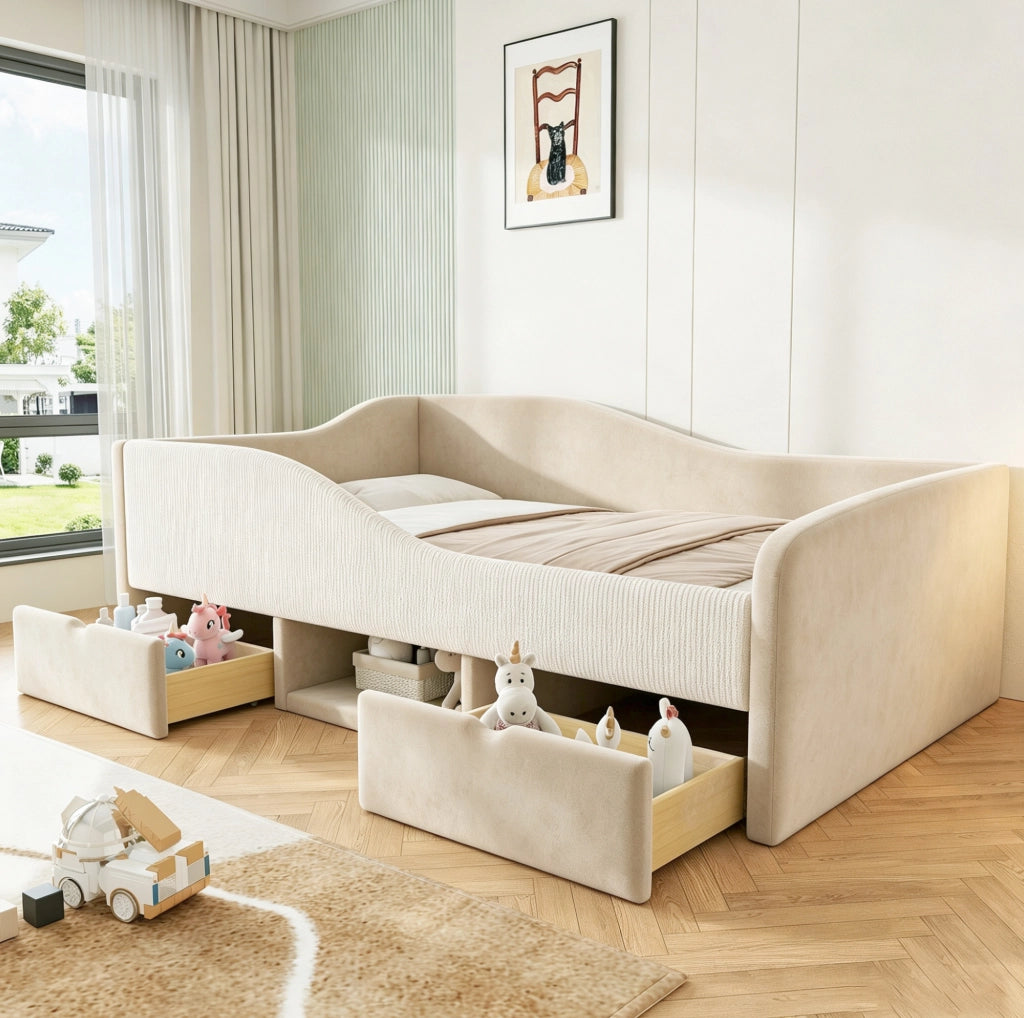 Letto per bambini 90x190 cm con 2 cassetti e sponde in velluto beige