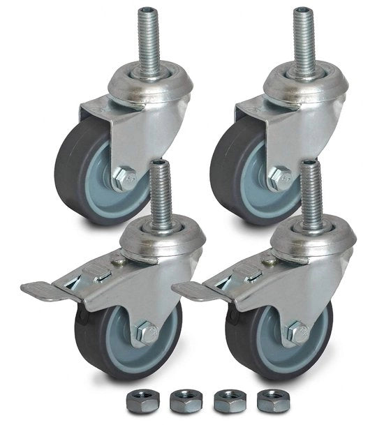 Set di 4 ruote sterzili da 50 mm con fissaggio a viti e filo a goccia M10, inclusi bulloni di riserva M10 (TPR-rubinetto, 2 con freno / 2 ruote sterzili, modello 6080/90050CK-1-x2+2)