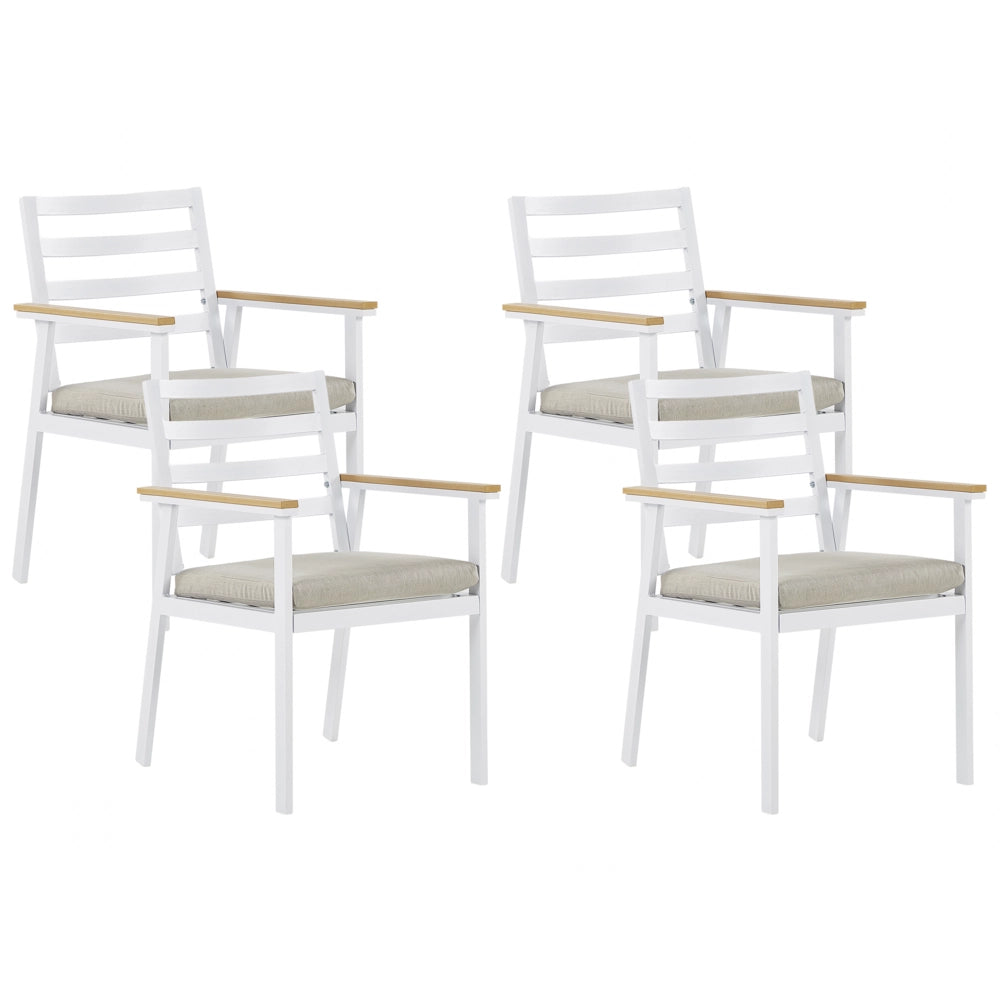 Set di 4 sedie da giardino in alluminio bianco beige con cuscini per sedili con finitura verniciata a polvere per esterni