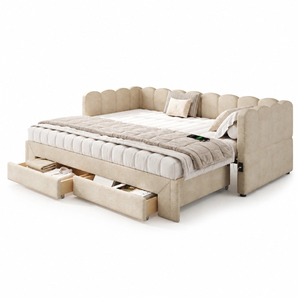 Letto daybed estraibile 90x200 cm con USB e Type-C; 2 cassetti; chenille beige