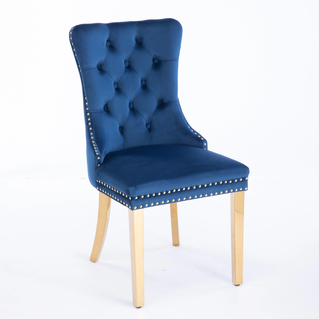 Sedie da Pranzo Imbottite in Velluto ¨C MINIMAL ¨C Set 2, Legno Massello, Gambe Oro, Blu