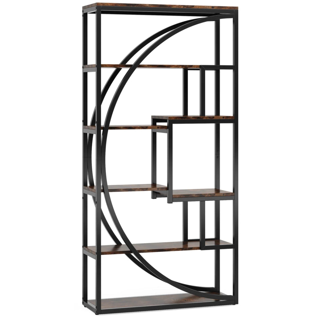Libreria moderna a 6 livelli con 8 vani aperti in metallo nero e legno marrone rustico 80x30x179 cm