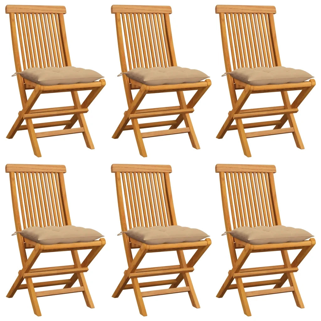 Sedie da Giardino con Cuscini Beige 6 pz in Massello di Teak