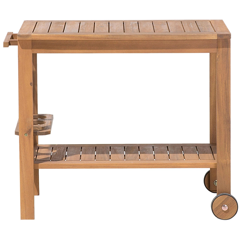 Carrello da giardino in legno di acacia chiaro Carrello da tè a 2 piani con ruote con portabottiglie