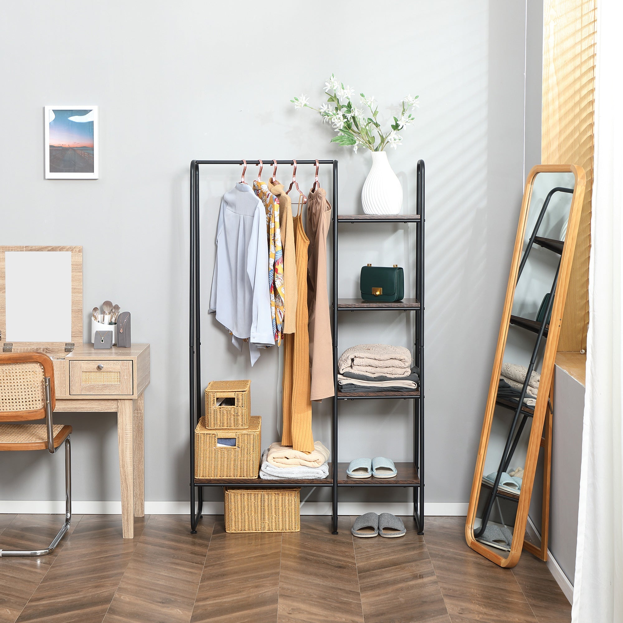 Appendiabiti da Terra con Barra e 5 Ripiani 101x39x160 cm in Legno e Acciaio  Marrone e Nero