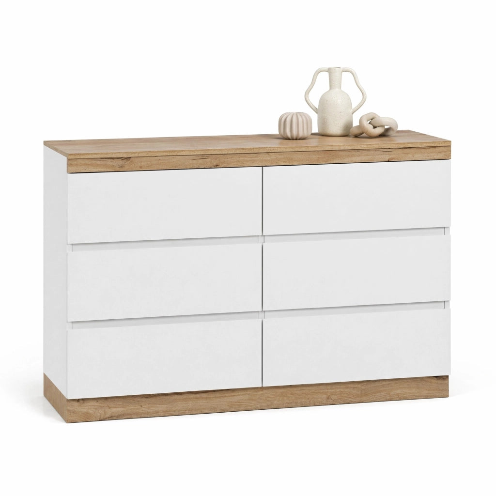Cassettiera a 6 cassetti bianco e rovere, in truciolare E1, design classico con ampio spazio contenitivo