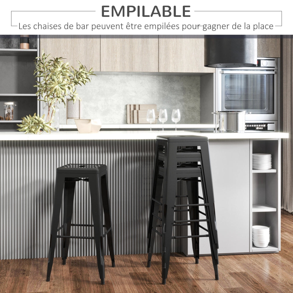 Sgabello da Bar Impilabile Set 4 Pezzi ¨C Xylo ¨C Metallo Nero Stile Retr¨° con Poggiapiedi Altezza 76cm