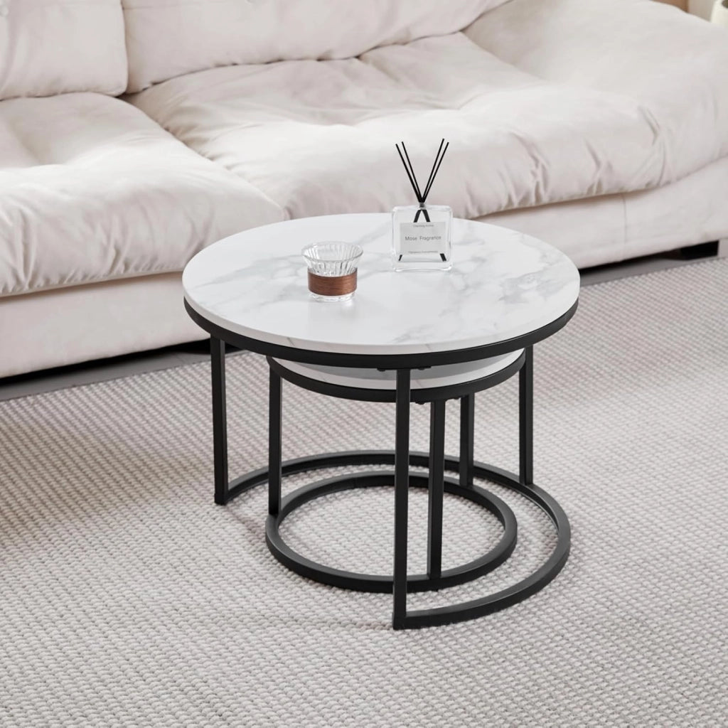 GrandCA HOME Set di 2 Tavolini Rotondi a Incastro con Piano in Finto Marmo, Tavolino da Caffè per Soggiorno, Bianco e Nero (60x60x45cm e 40x40x35cm)