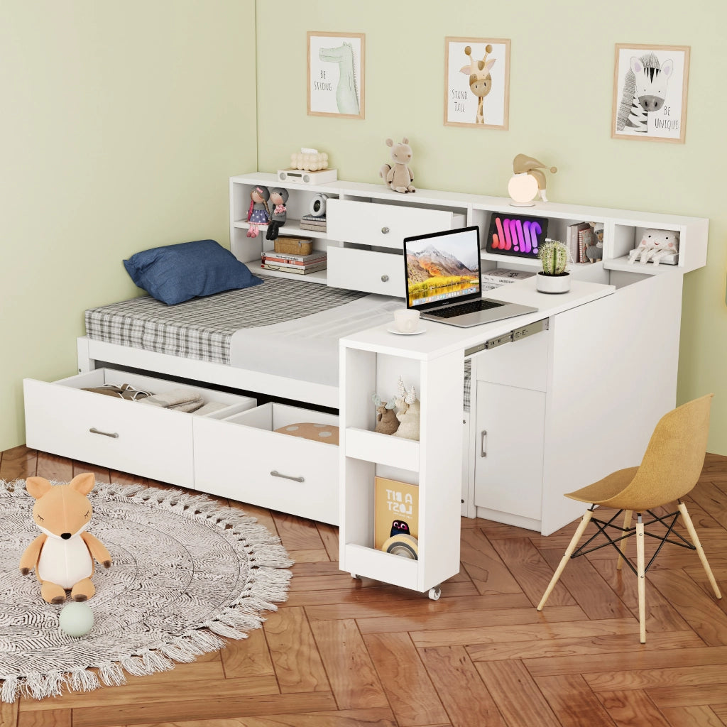 LETTO Multifunzionale 90x200 cm in legno bianco con cassetti e scrivania estraibile