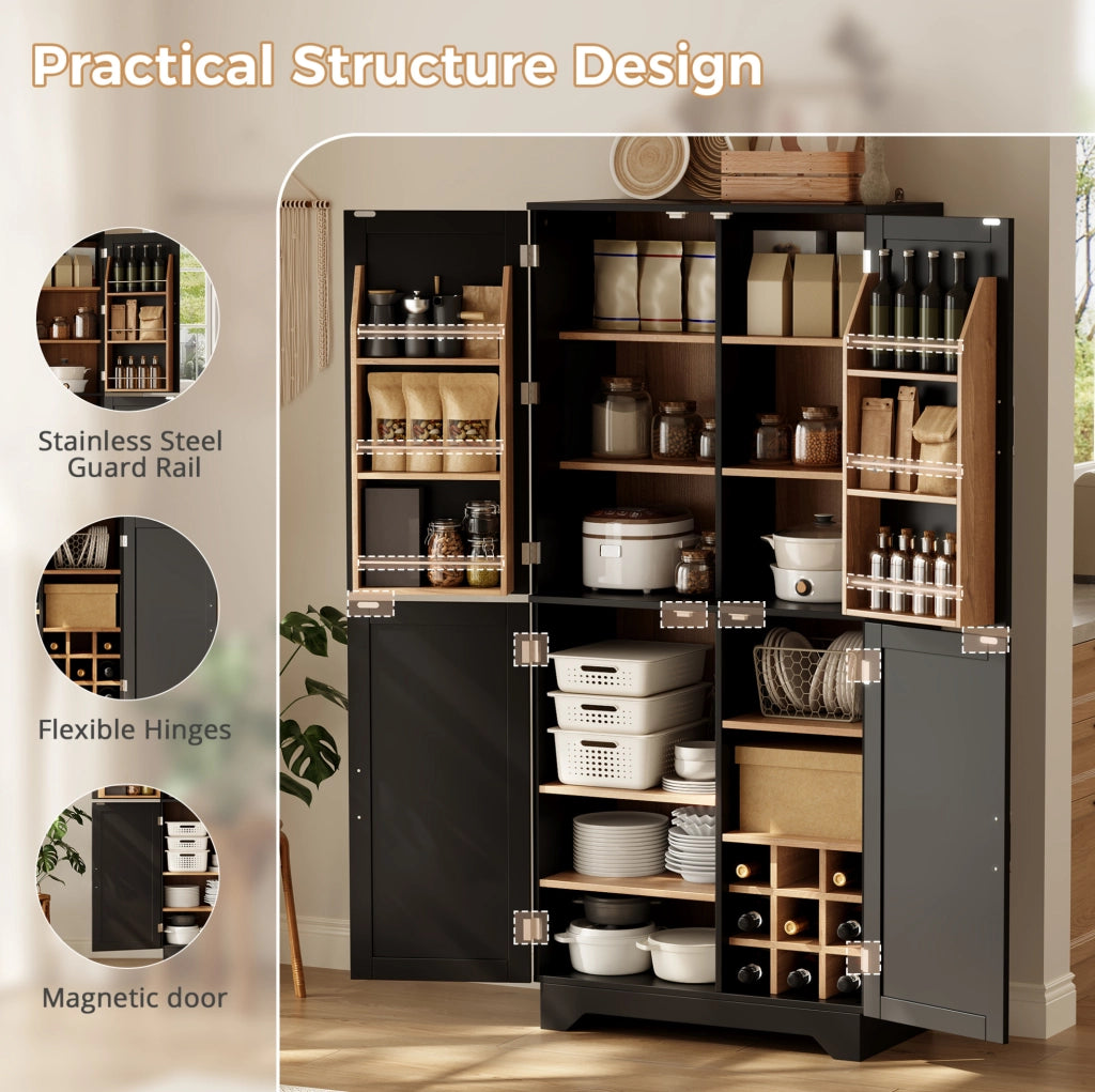 Credenza alta da cucina 80x40x180 cm con 4 ante stile barn; ripiani portabottiglie; nero e naturale