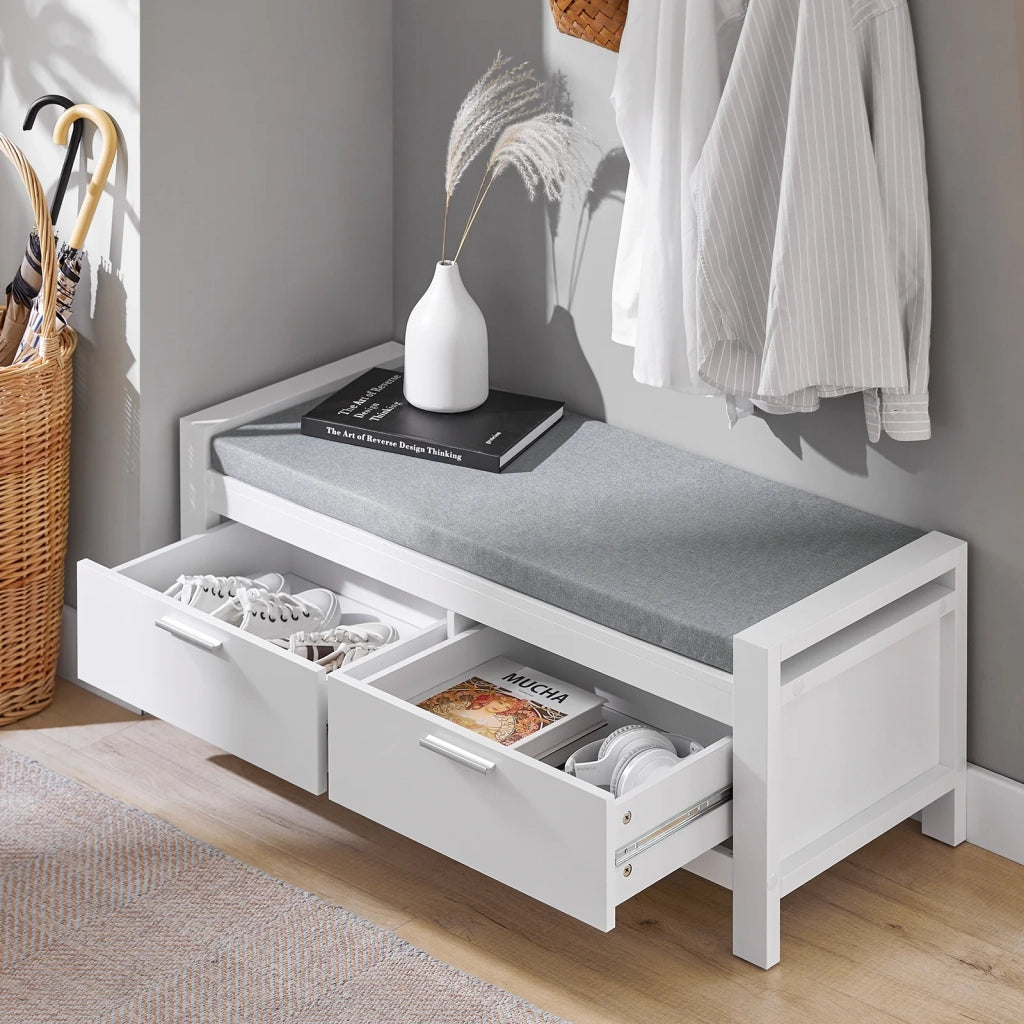 Cassapanca Bianca Contenitore Panca camere da Letto Seduta con Cuscino 2 cassetti con Guide Bianco L100*P40*A40cm FSR74-W
