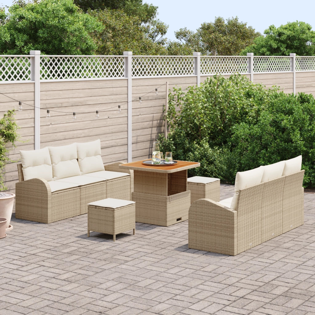 Set Divano da Giardino 9 Pezzi con Cuscini Beige Polyrattan Acacia