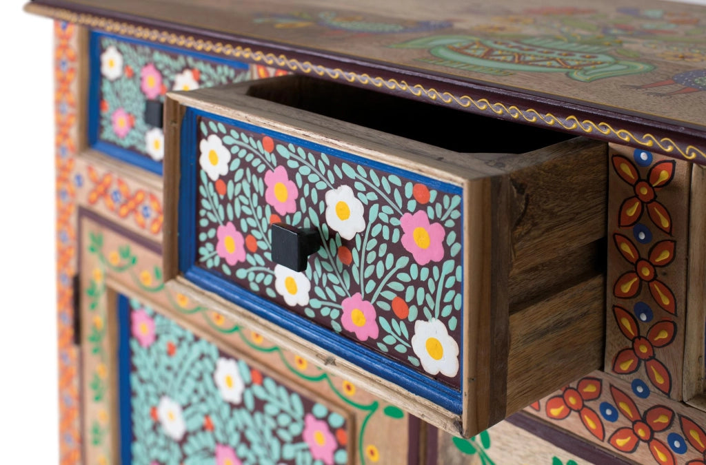 Consolle in legno di mango con porta decorata a mano
