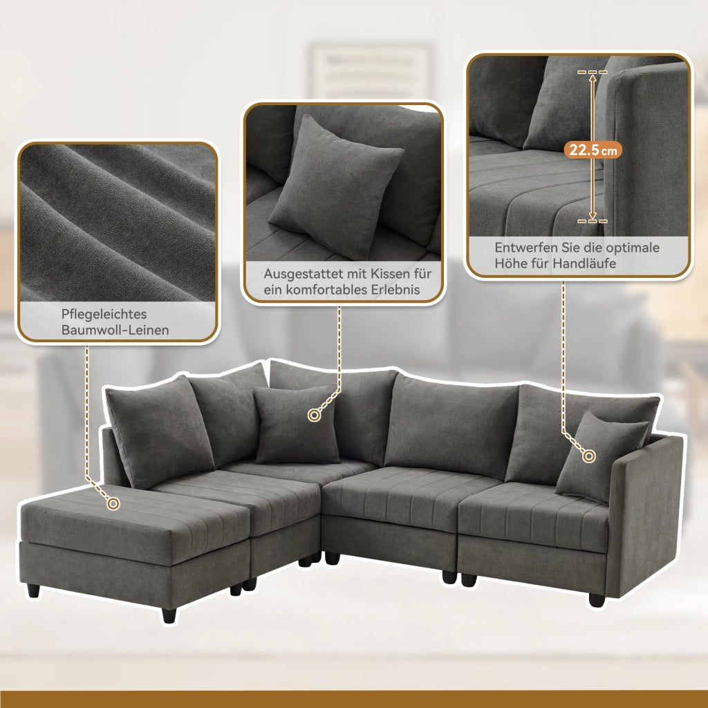 Divano angolare modulare 5 posti con pouf mobile e seduta ampia con cuscini per soggiorno in cotone e lino grigio