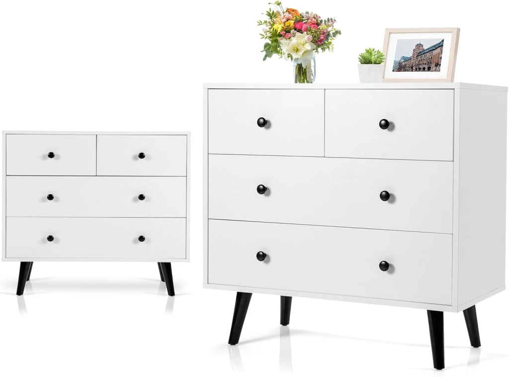 Cassettiera in Legno con 4 Cassetti in 2 Misure Armadio Basso Cassettiera Cassettiera per Soggiorno, Camera da Letto Ufficio, 80 x 39,5 x 77 cm, Bianco
