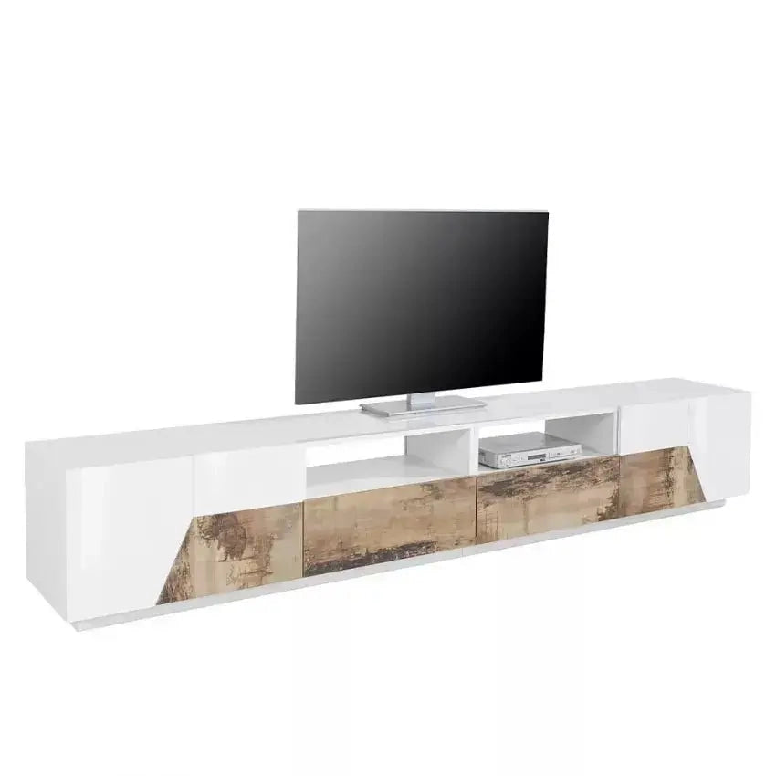 Porta TV Alien con dimensioni 260 x 43 x 46 cm Lowboard in Bianco Laccato/Acero Pereira