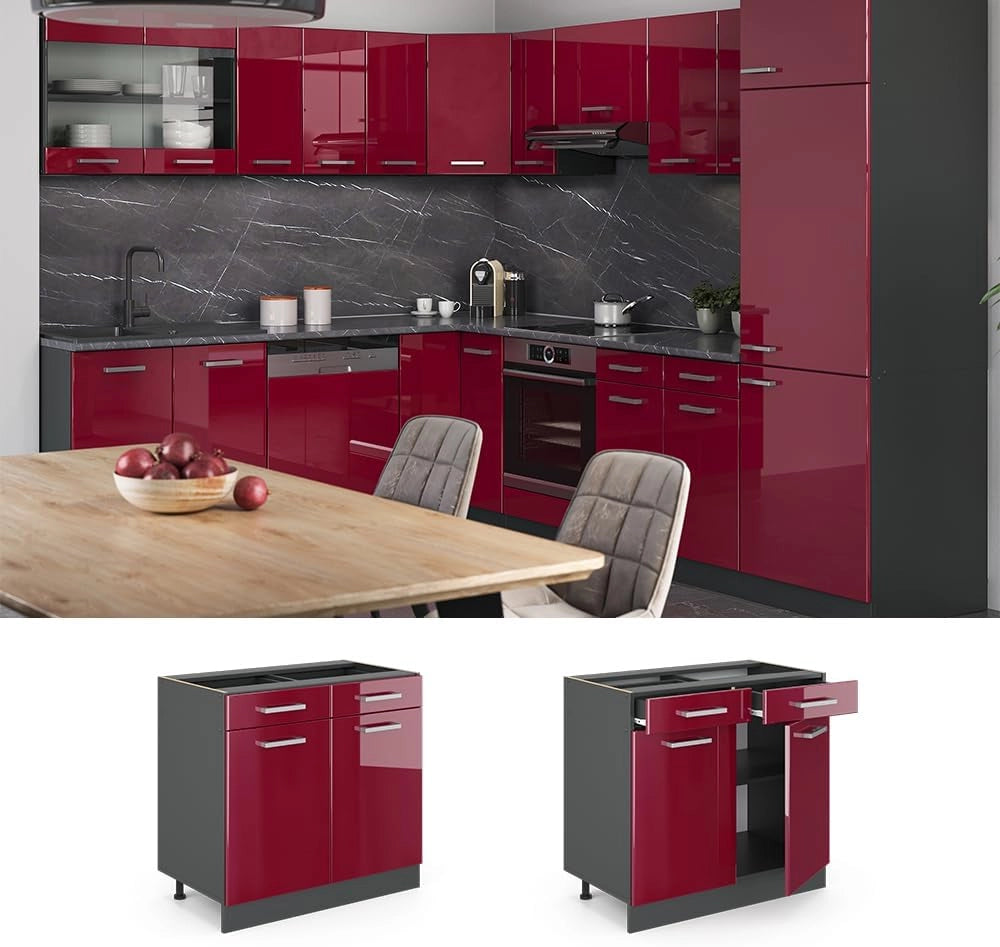 Mobiletto base per cucina R-Line, Rosso lucido, 80 cm senza piano di lavoro, per la libera combinazione all'interno di sistemi cucina modulari