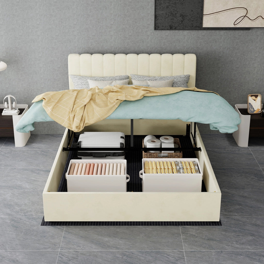 Letto imbottito 140x200 cm in velluto beige con materasso incluso