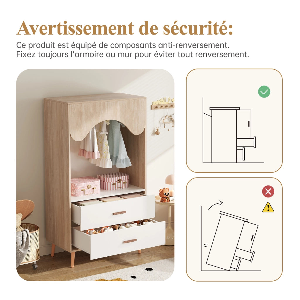 Armadio aperto con asta appendiabiti e 2 cassetti in MDF, maniglie in legno massello, per camera da letto, 80 × 46 × 141,5 cm