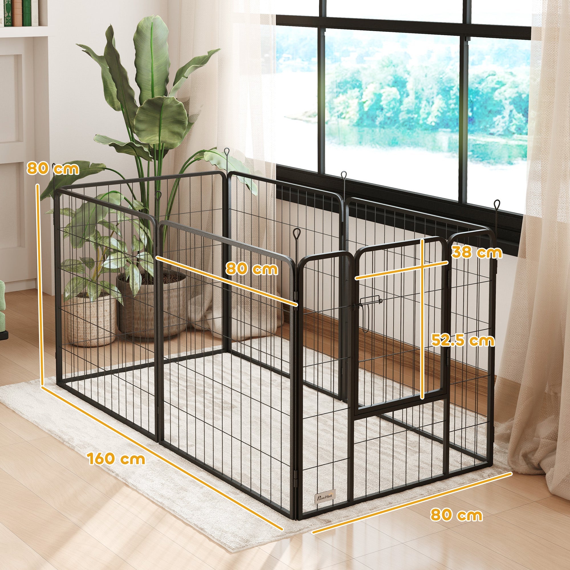 Recinto per Cani a 6 Pannelli Modulabili da 80x1,5x80A cm con Porta di Ingresso in Acciaio Nero