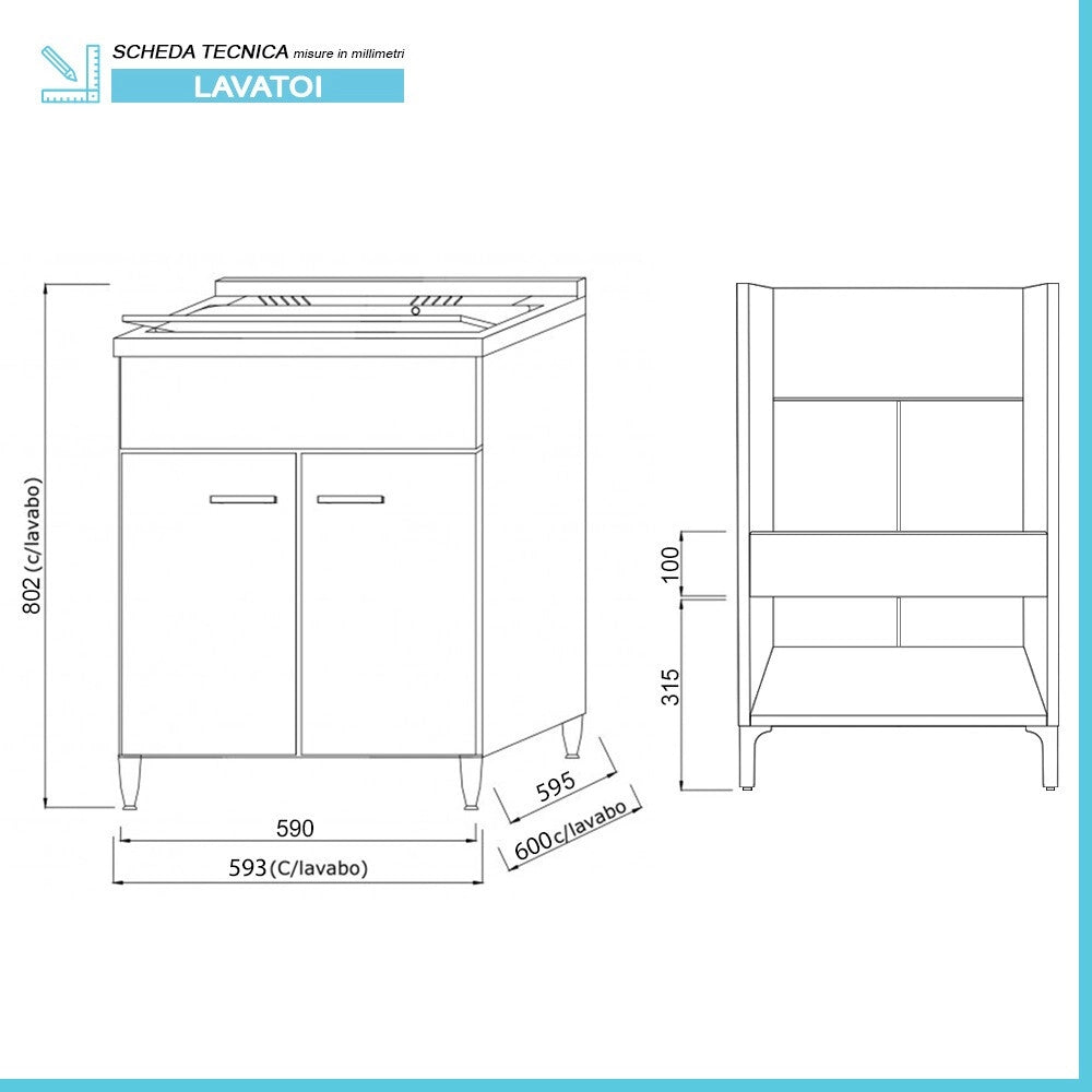 Mobile lavatoio 60x60 cm 2 ante rovere grigio con vasca in resina, asse lavapanni e kit di scarico