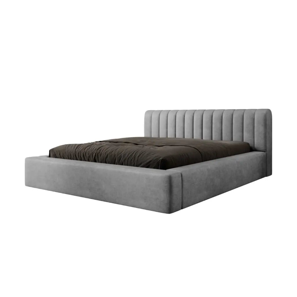 Lit coffre CERVIN – Velluto morbido Perla di cemento – 180x200 cm – Rete sollevabile – Design contemporaneo