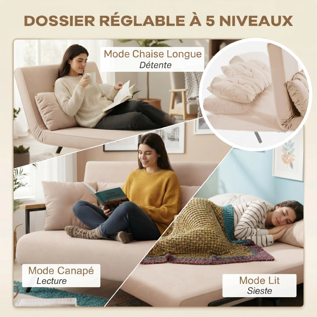 Divano letto 2 posti con cuscini e schienale regolabile ¨C zephmum ¨C effetto velluto beige