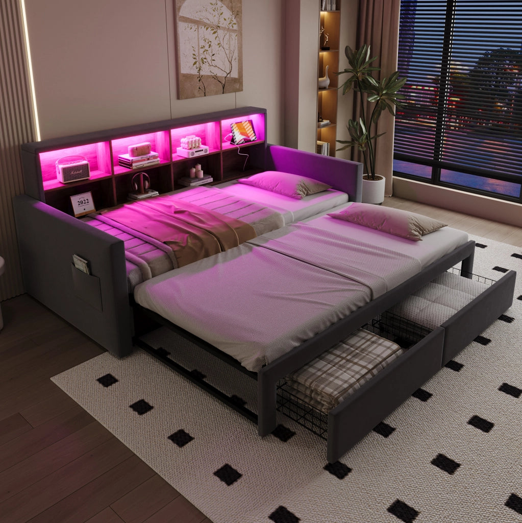 Letto imbottito estraibile ULEVR 90x190 cm, estensibile a 180 cm, LED, prese USB e Type-C, grigio