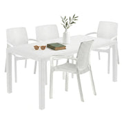 Set salotto da esterno Sover, Salottino outdoor e indoor, Tavolo rettangolare fisso con 4 sedie impilabili, Made in Italy, Bianco