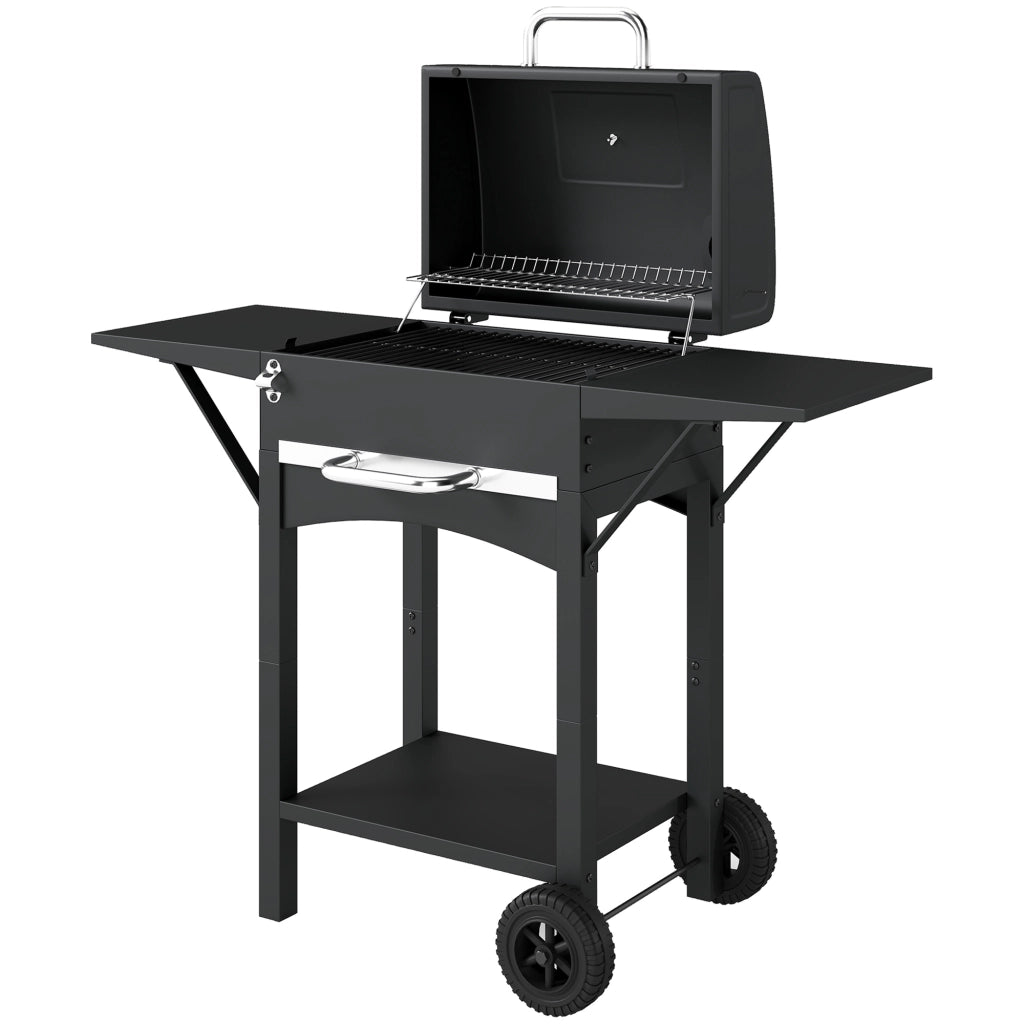 Barbecue a Carbone con 2 Ripiani Laterali, Termometro, Coperchio e Ruote, 110x46.5x101 cm, Nero