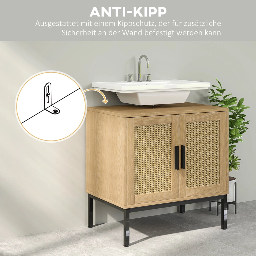 Mobiletto da bagno in stile boho con elementi in rattan ¨C zephmum ¨C bianco 60x30x50