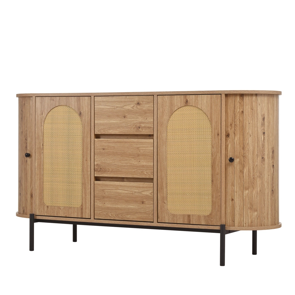 Credenza e madia ovale con ante scorrevoli, 3 cassetti e ripiani regolabili, in MDF e rattan, naturale, 140 × 38 × 77,5 cm