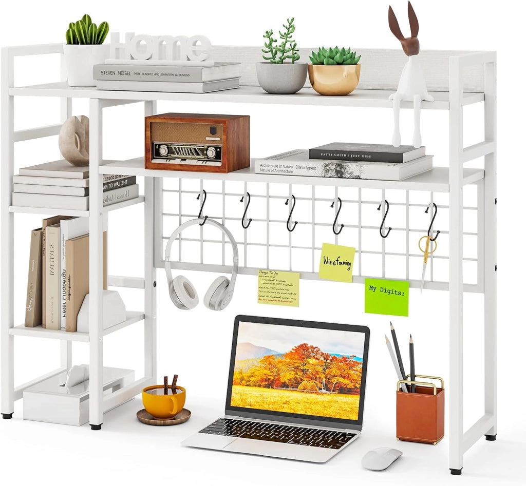 Scaffale da scrivania, scaffale autoportante con 4 ripiani, scomparto aperto, griglia in metallo e 6 ganci rimovibili, risparmio di spazio, libreria per ufficio, cucina, soggiorno (marrone)