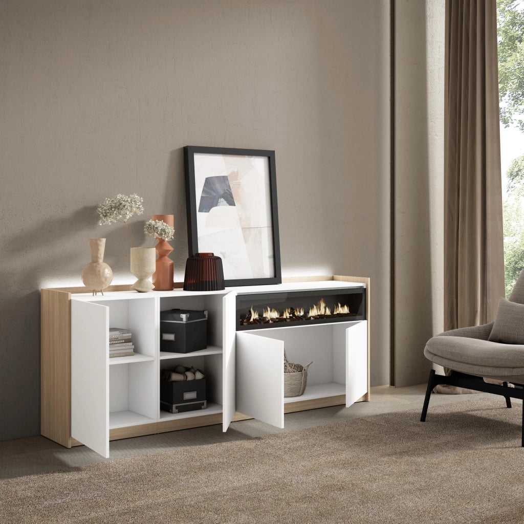 Credenza, Mobile, Cucina, 207x80x37 cm, 4 Porte, Camino elettrico, LED, Bianco e Rovere soft