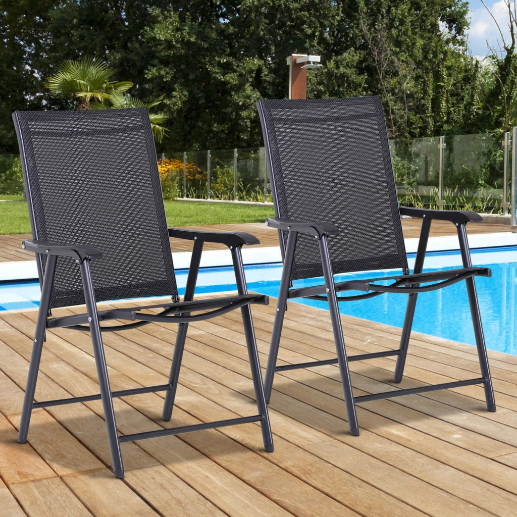 Set 2 Sedie da Giardino Pieghevoli con Braccioli in Metallo e Texteline, 58x64x94cm, Nero